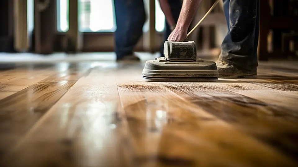 man sanding a hardwood floor to refinish it