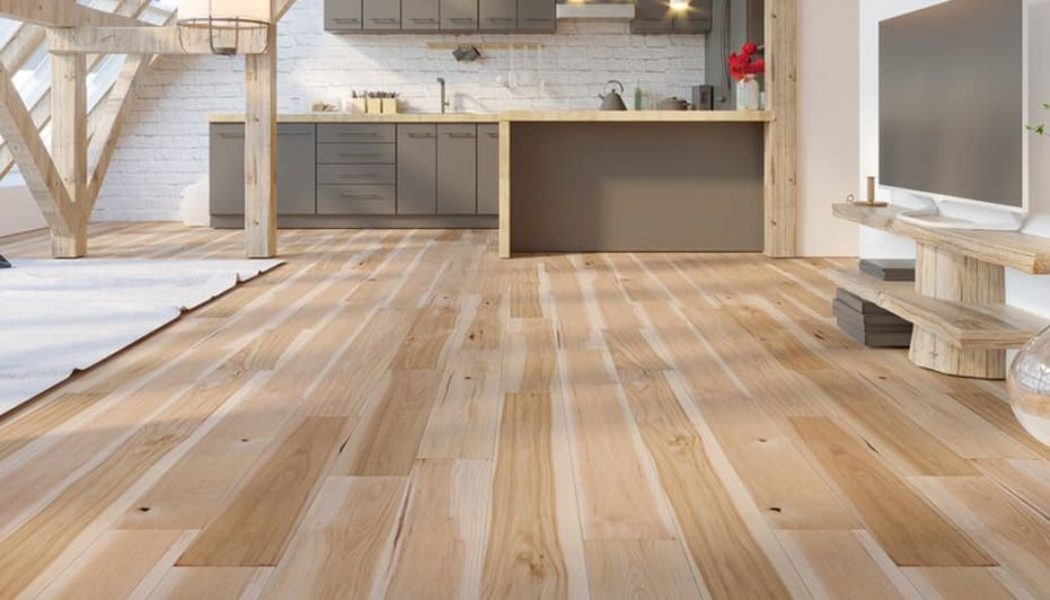 hickory wood flooring in a large studio apartment