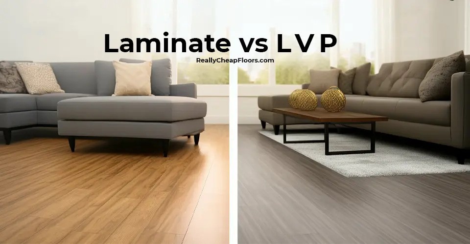 two living rooms side by side using two different types of flooring 