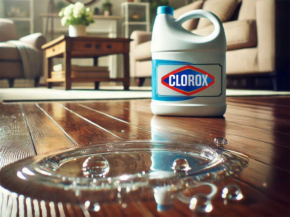 clorox bleach bottle with liquid bleach on living room floor