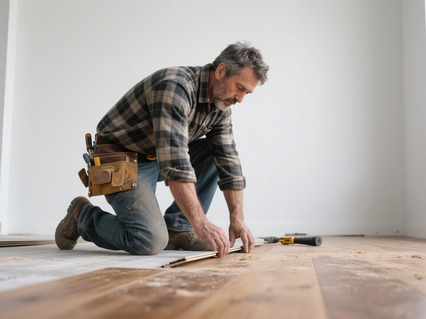 flooring installer is putting tounge and groove flooring down