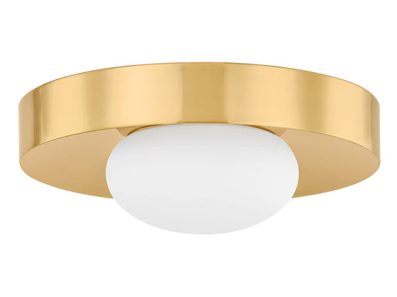 flush mount lighting fixture with round bulb and gold accents