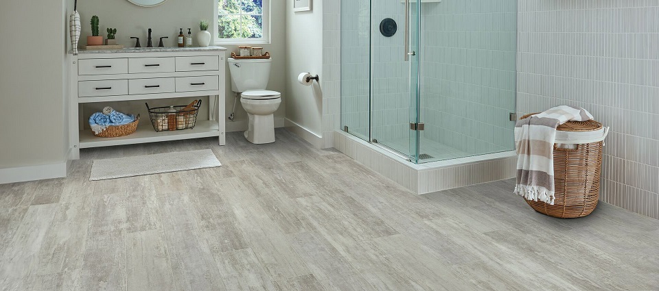 gray vinyl plank in a bathroom