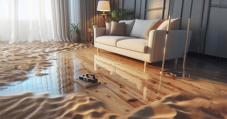 laminate flooring flooded in a beachside home with sliding doors