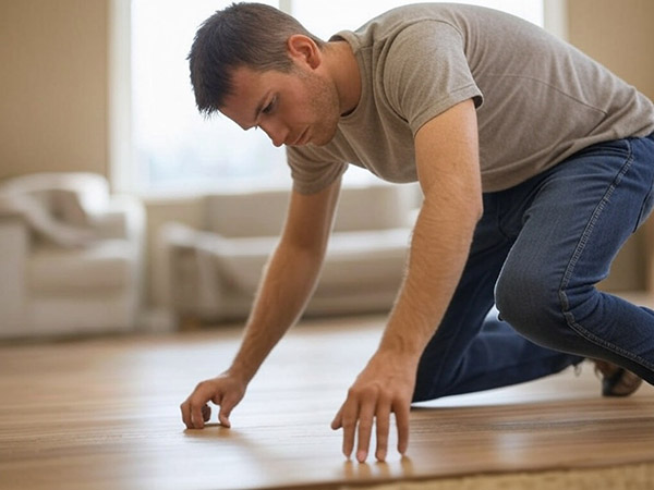 man inspecting new diy flooring installation