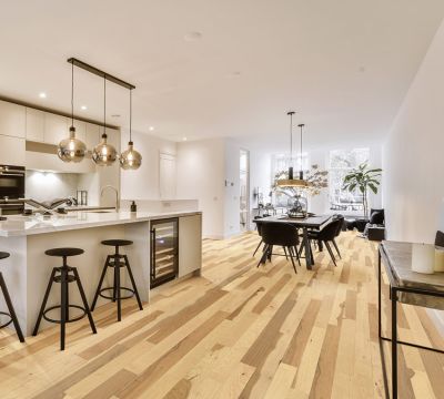 Light Natural Hickory Hardwood Floor in a modern kitchen